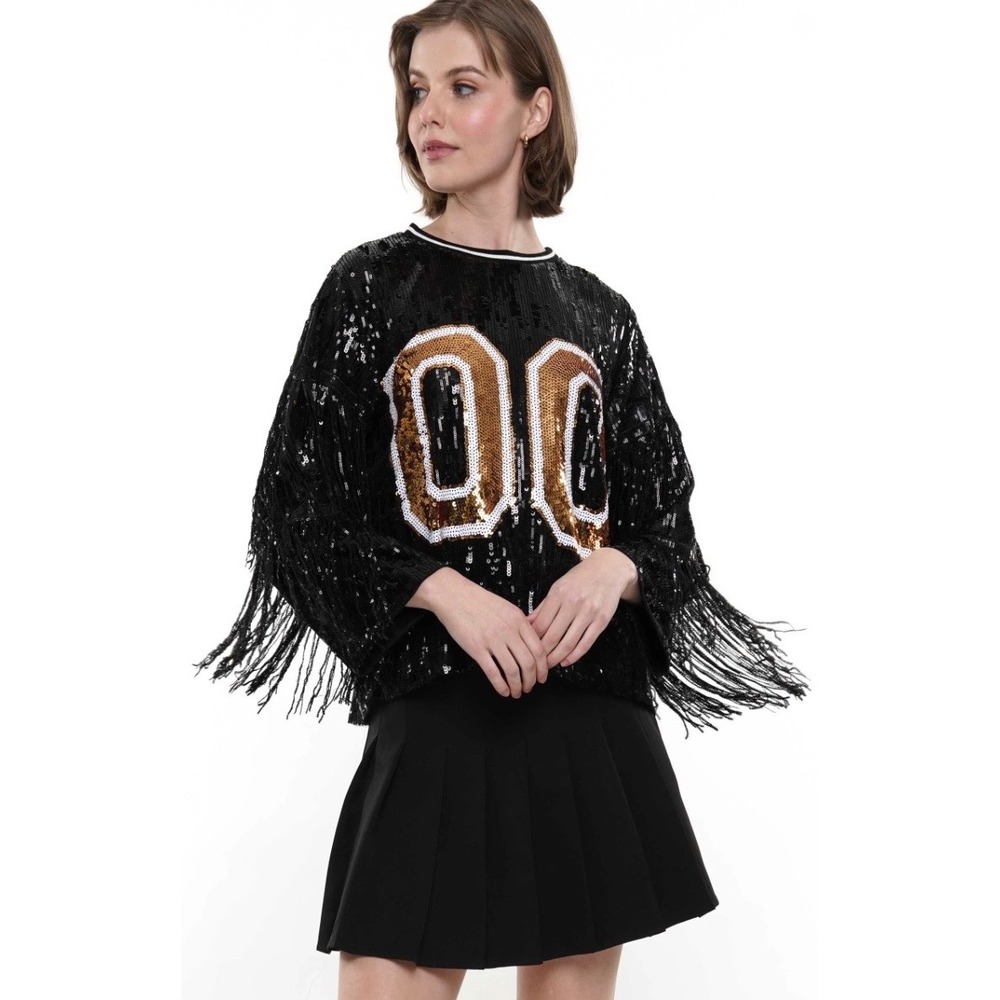 Why Dress Double Zero Fringe Sequin Top Black Gold Jersey Shirt T240216